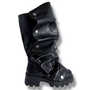 VOMIRA Womens Black PU Leather Snap Slouchy Boots Platform Chunky Lug Sole Sz 8